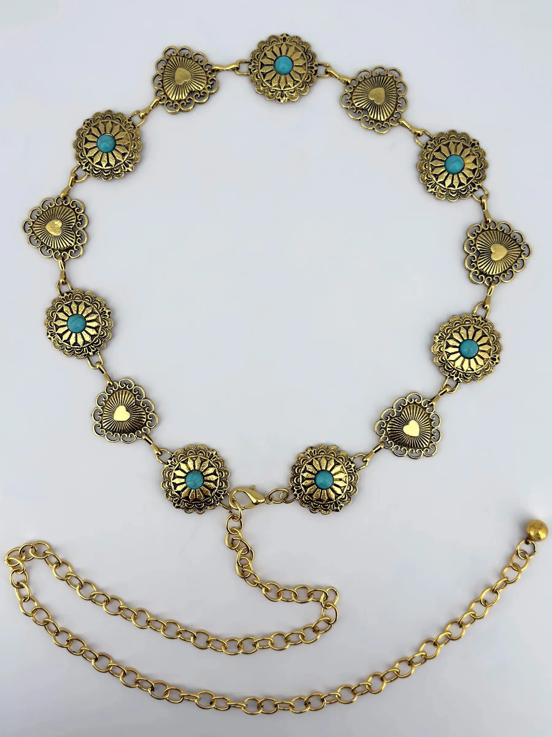 Green Turquoise Vintage Carved Women's Waist Chain Personalized Metal Belt Fashionable Versatile Accessory for Dresses