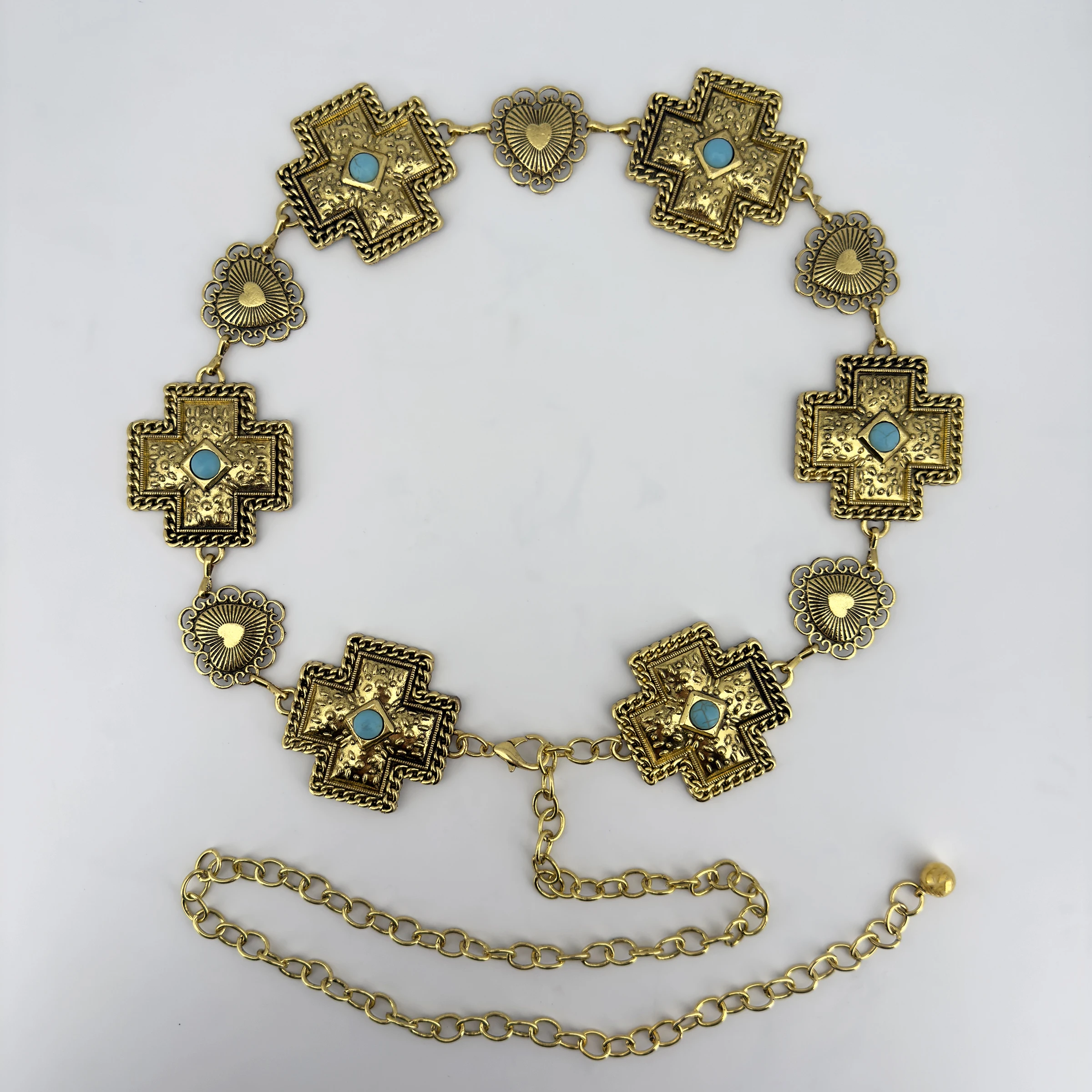 Green Turquoise Vintage Carved Women's Waist Chain Personalized Metal Belt Fashionable Versatile Accessory for Dresses