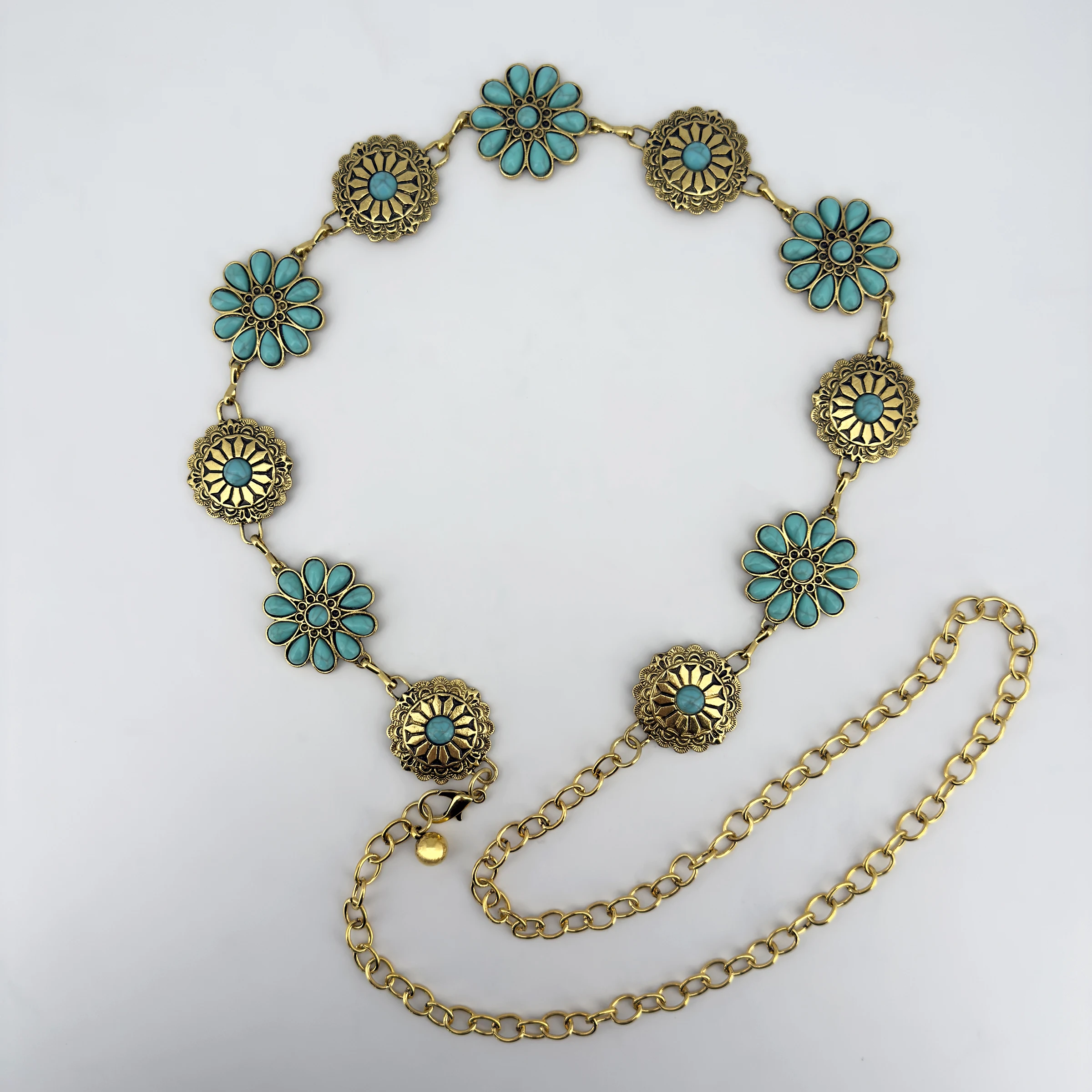 Green Turquoise Vintage Carved Women's Waist Chain Personalized Metal Belt Fashionable Versatile Accessory for Dresses