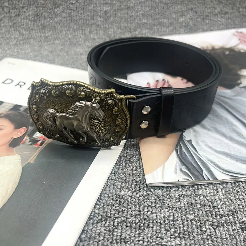 1PC Horse Head Buckle Punk Belt Fashion Vintage PU Leather Embossed Belt Hip Hop Y2K Belt