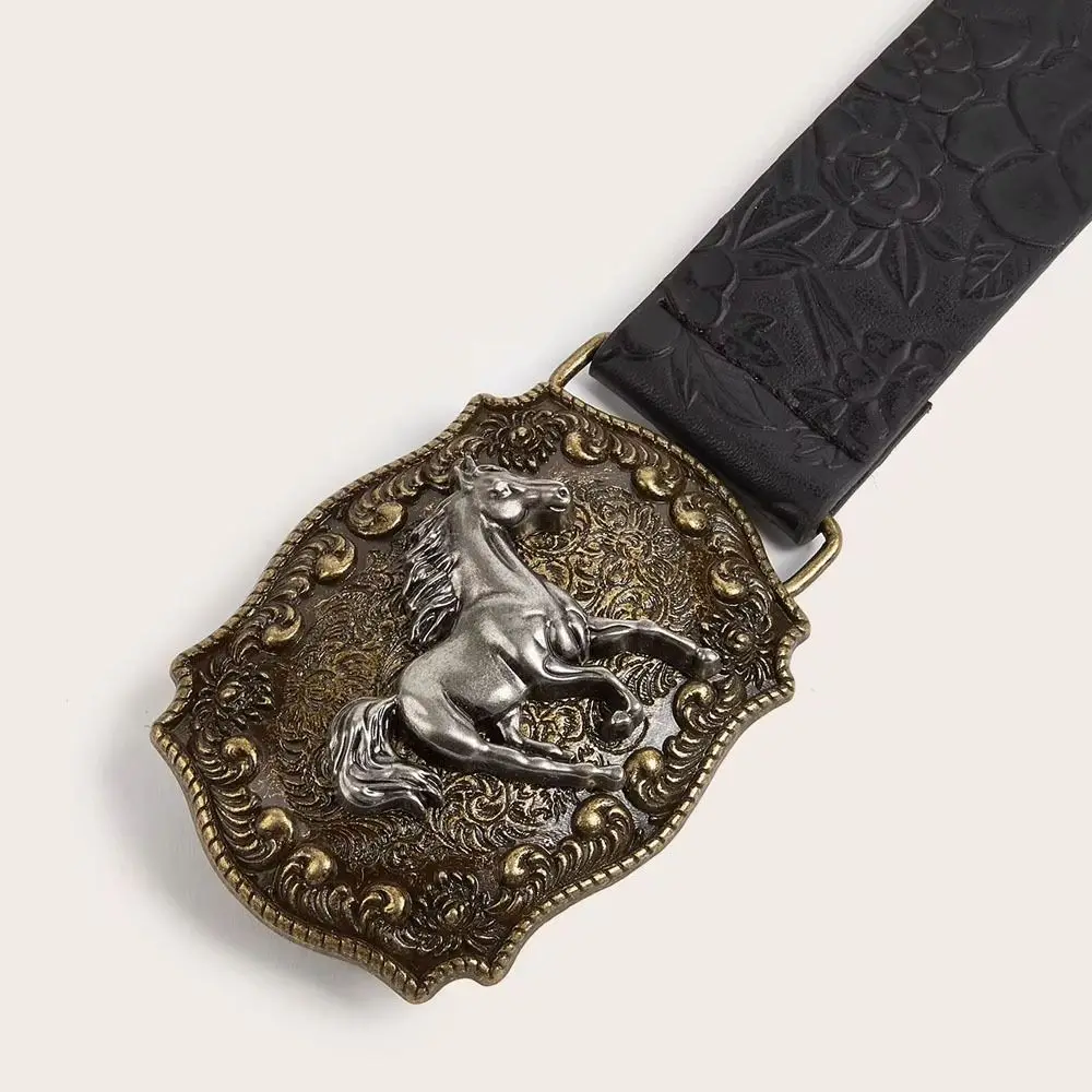 1PC Horse Head Buckle Punk Belt Fashion Vintage PU Leather Embossed Belt Hip Hop Y2K Belt
