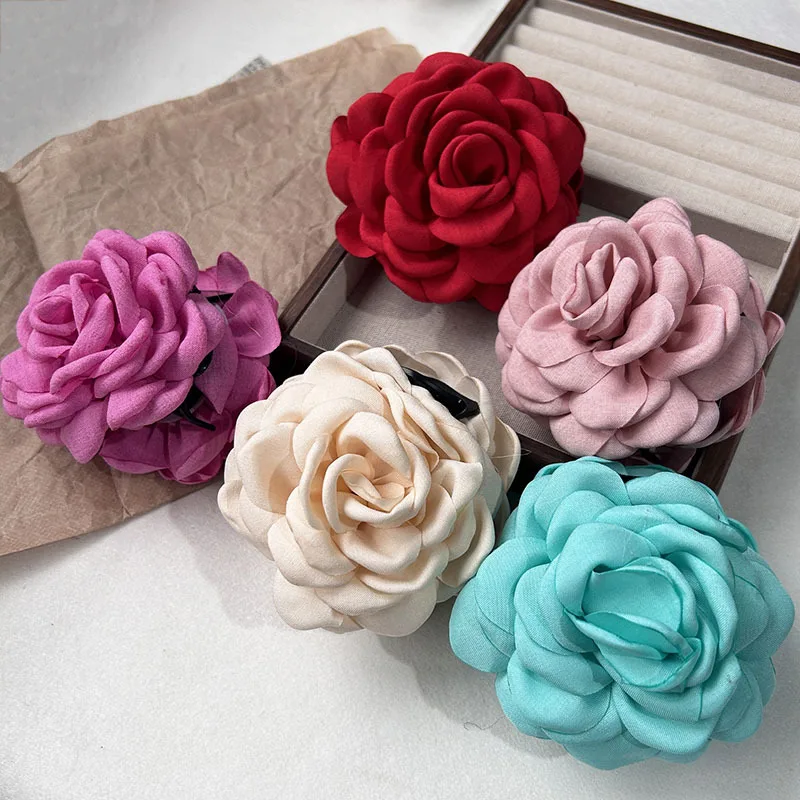5pcs Fashion Fabric Rose Flower Hair Claw Clip For Women Elegant Colorful Big Hair Clips Grab Hairpins Set Girl Hair Accessories