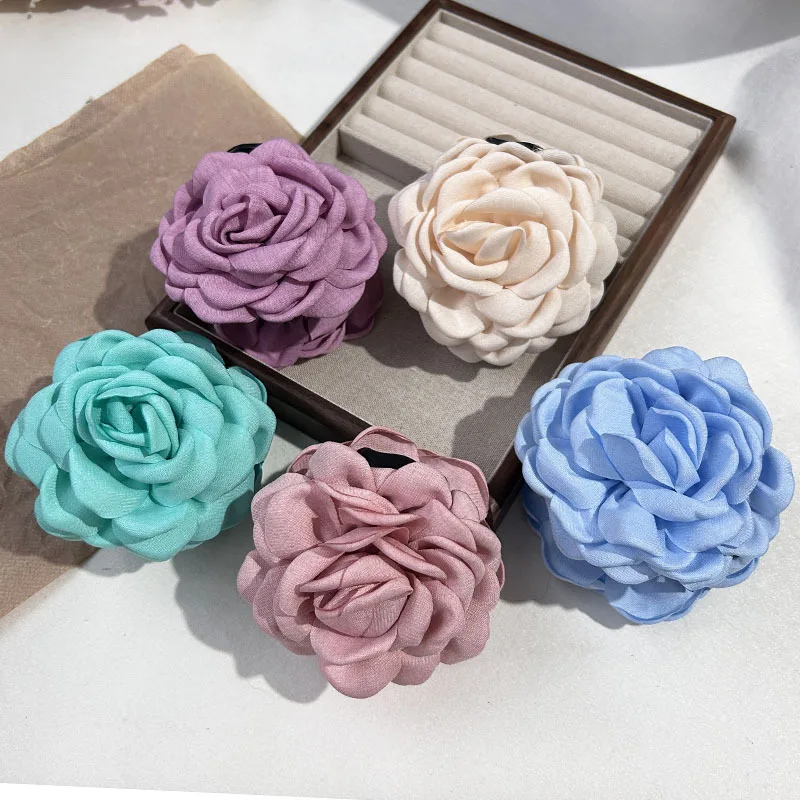 5pcs Fashion Fabric Rose Flower Hair Claw Clip For Women Elegant Colorful Big Hair Clips Grab Hairpins Set Girl Hair Accessories