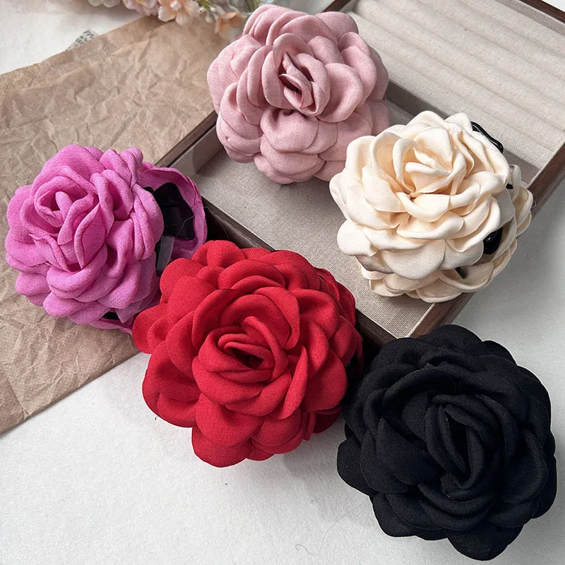 5pcs Fashion Fabric Rose Flower Hair Claw Clip For Women Elegant Colorful Big Hair Clips Grab Hairpins Set Girl Hair Accessories