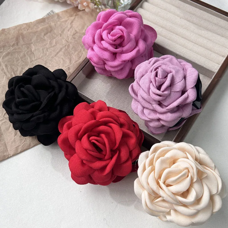 5pcs Fashion Fabric Rose Flower Hair Claw Clip For Women Elegant Colorful Big Hair Clips Grab Hairpins Set Girl Hair Accessories