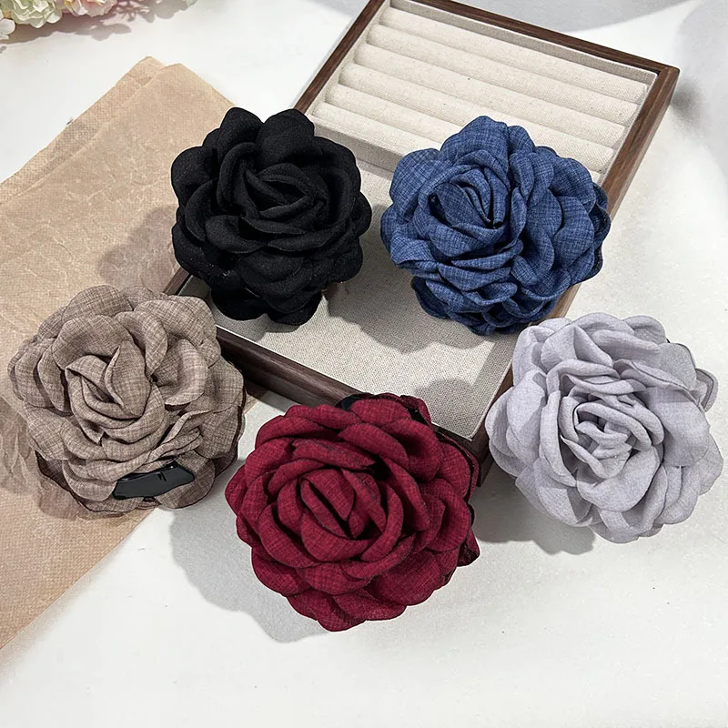 5pcs Fashion Fabric Rose Flower Hair Claw Clip For Women Elegant Colorful Big Hair Clips Grab Hairpins Set Girl Hair Accessories