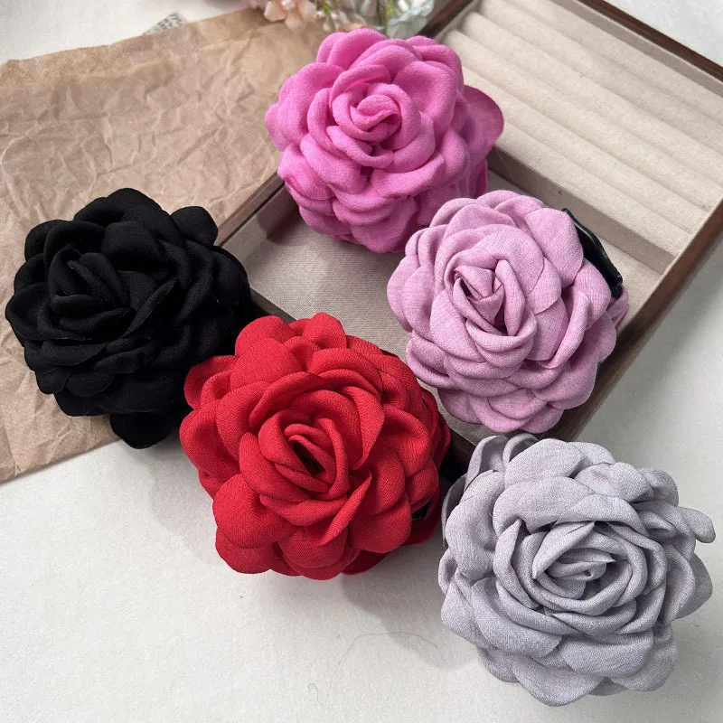 5pcs Fashion Fabric Rose Flower Hair Claw Clip For Women Elegant Colorful Big Hair Clips Grab Hairpins Set Girl Hair Accessories