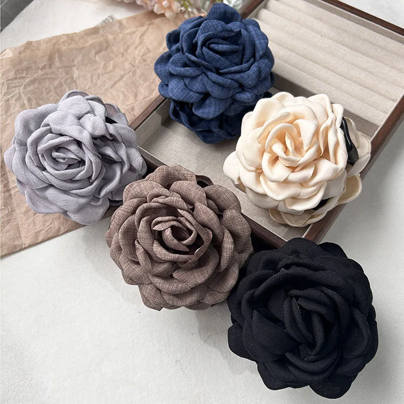5pcs Fashion Fabric Rose Flower Hair Claw Clip For Women Elegant Colorful Big Hair Clips Grab Hairpins Set Girl Hair Accessories