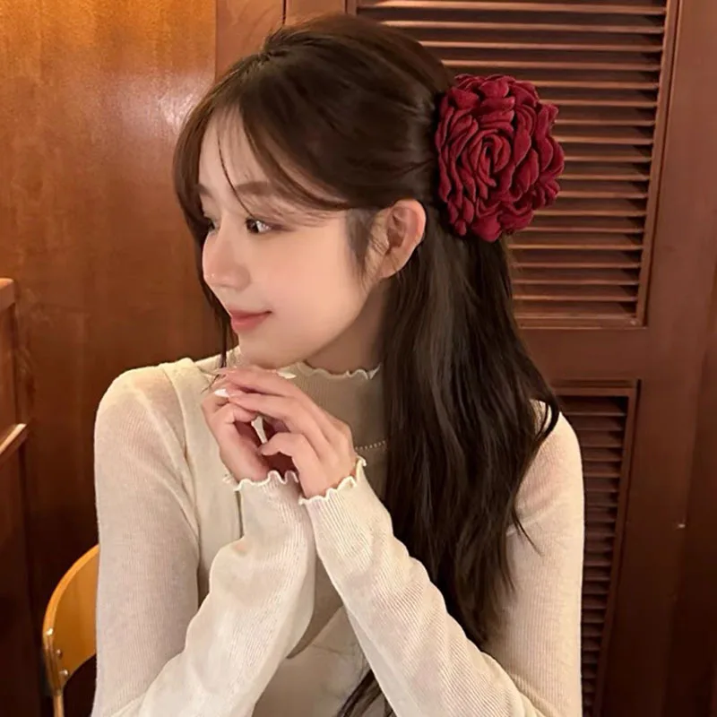 5pcs Fashion Fabric Rose Flower Hair Claw Clip For Women Elegant Colorful Big Hair Clips Grab Hairpins Set Girl Hair Accessories