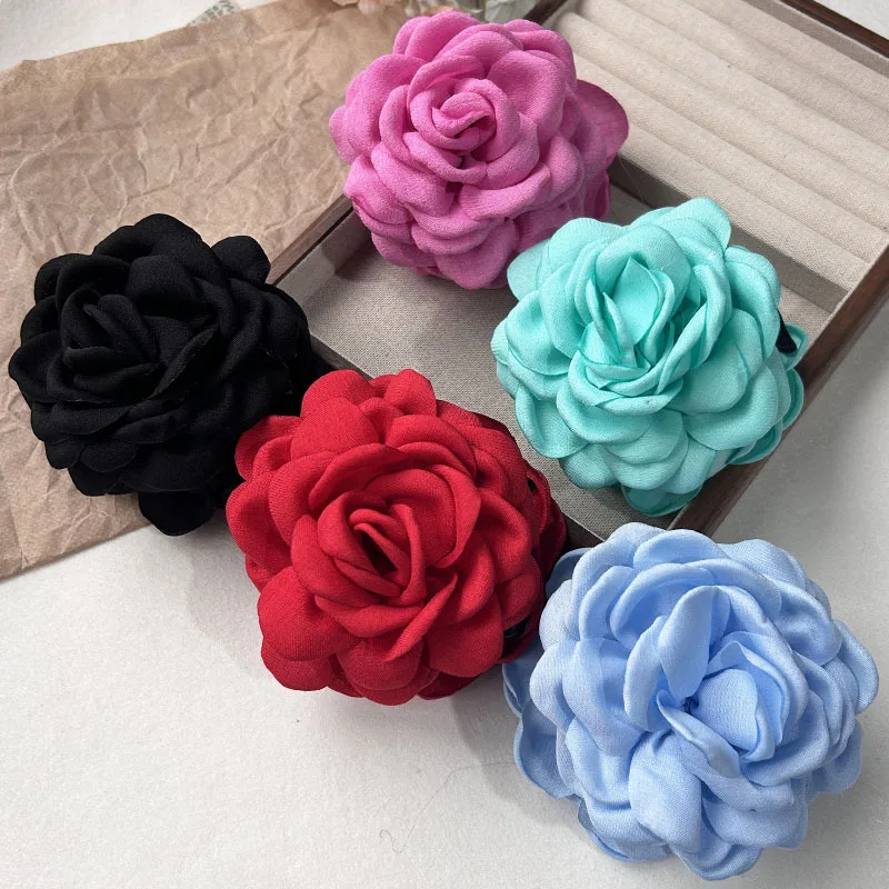 5pcs Fashion Fabric Rose Flower Hair Claw Clip For Women Elegant Colorful Big Hair Clips Grab Hairpins Set Girl Hair Accessories