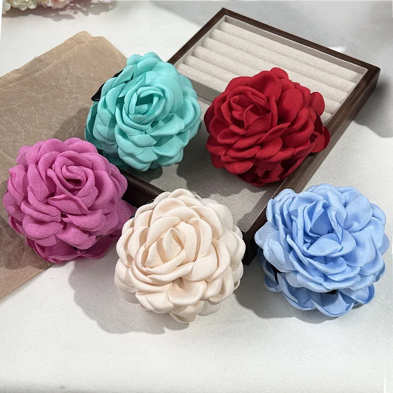 5pcs Fashion Fabric Rose Flower Hair Claw Clip For Women Elegant Colorful Big Hair Clips Grab Hairpins Set Girl Hair Accessories
