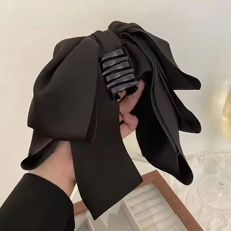 1pc New French Elegant Satin Black Big Bow Hairband High Forehead Wash Hair Band Wrinkle