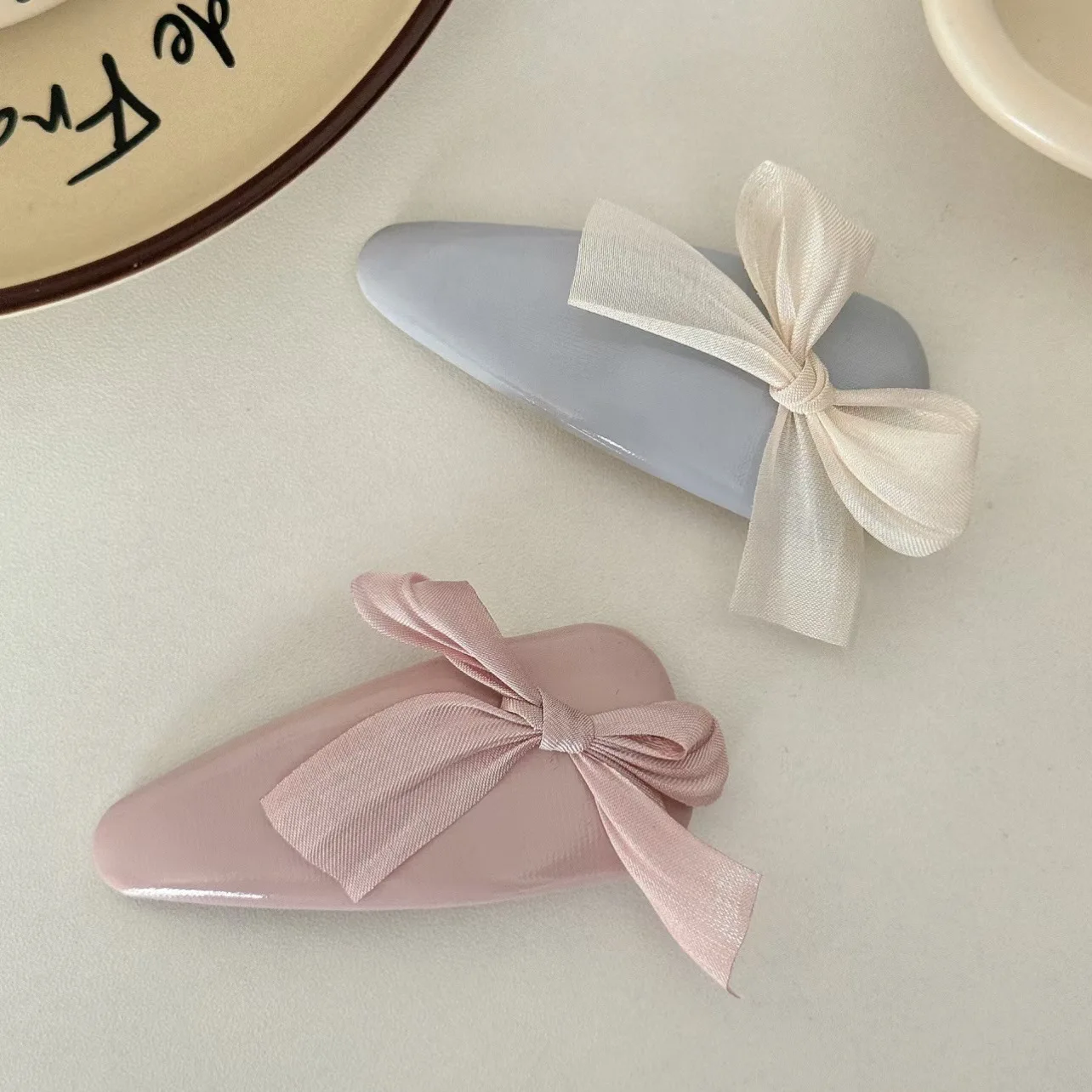 Sweet Mesh Bow Leather Hair Clip Water Droplet BB Clip Break Clip Bangs Side Clip Gentle Temperament Hair Accessory for Women