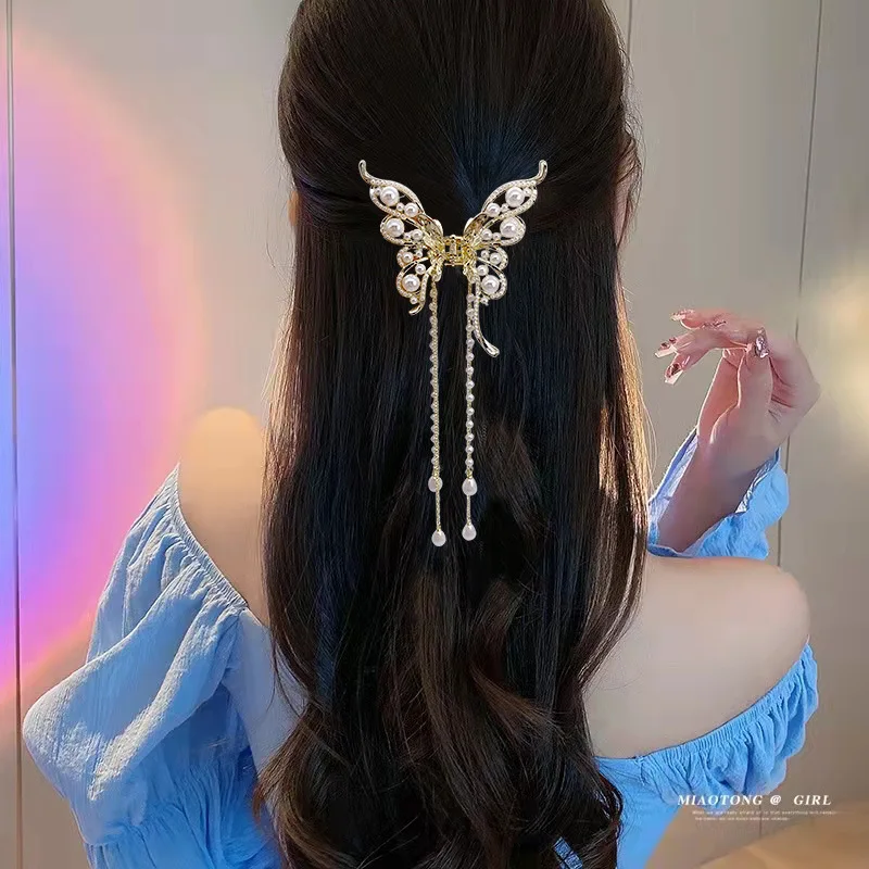 1 Pcs Fashion Exquisite Artificial Pearl Tassel Crystal Butterfly Hair Claws For Women Girls Party Hair Accessories