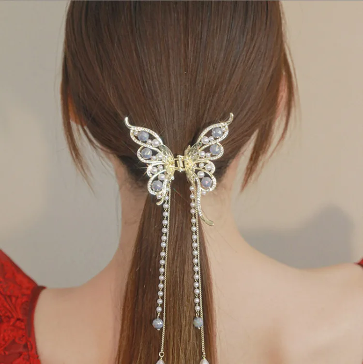 1 Pcs Fashion Exquisite Artificial Pearl Tassel Crystal Butterfly Hair Claws For Women Girls Party Hair Accessories