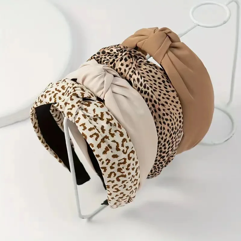 1PC Retro Leopard Wide Edge Fabric Hairband Summer New Cross Knot Temperament Simple Fashion Headband