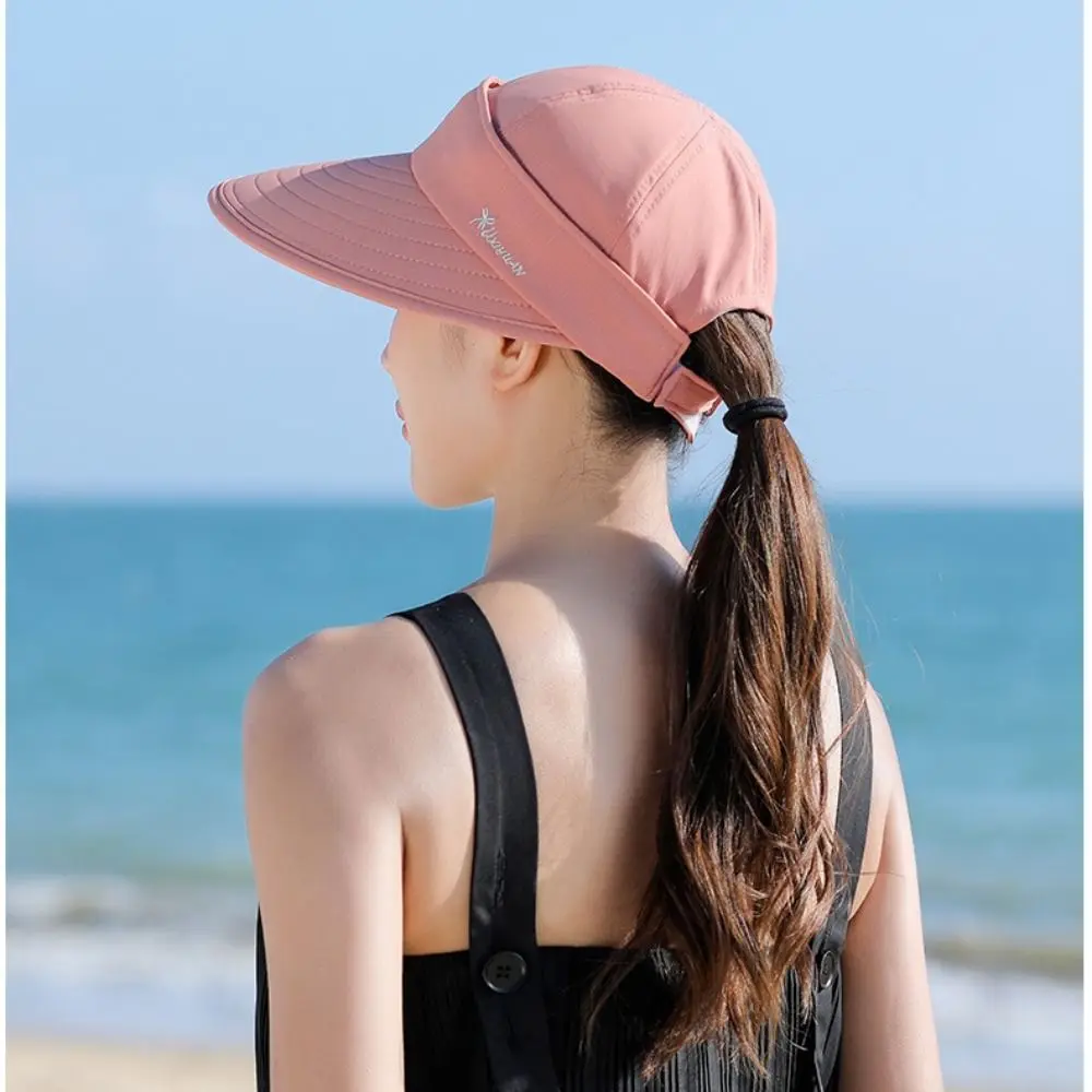 Casual Outdoor Wide Brim Women Summer Sun Hat Detachable UV Protection Empty Top Ponytail Cap Adjustable Foldable Beach Cap
