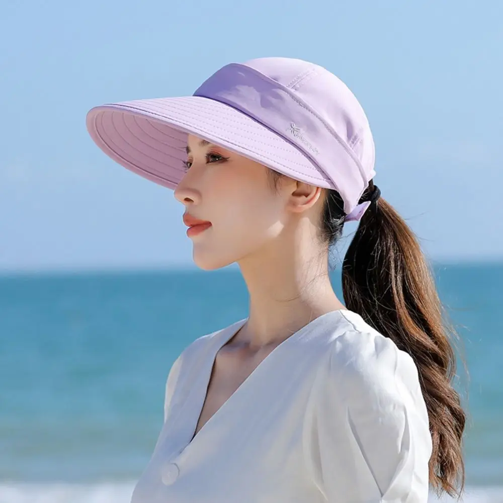 Casual Outdoor Wide Brim Women Summer Sun Hat Detachable UV Protection Empty Top Ponytail Cap Adjustable Foldable Beach Cap