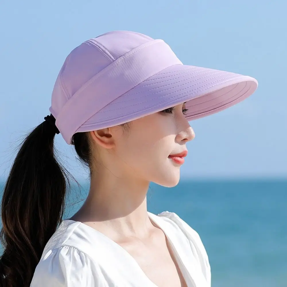 Casual Outdoor Wide Brim Women Summer Sun Hat Detachable UV Protection Empty Top Ponytail Cap Adjustable Foldable Beach Cap