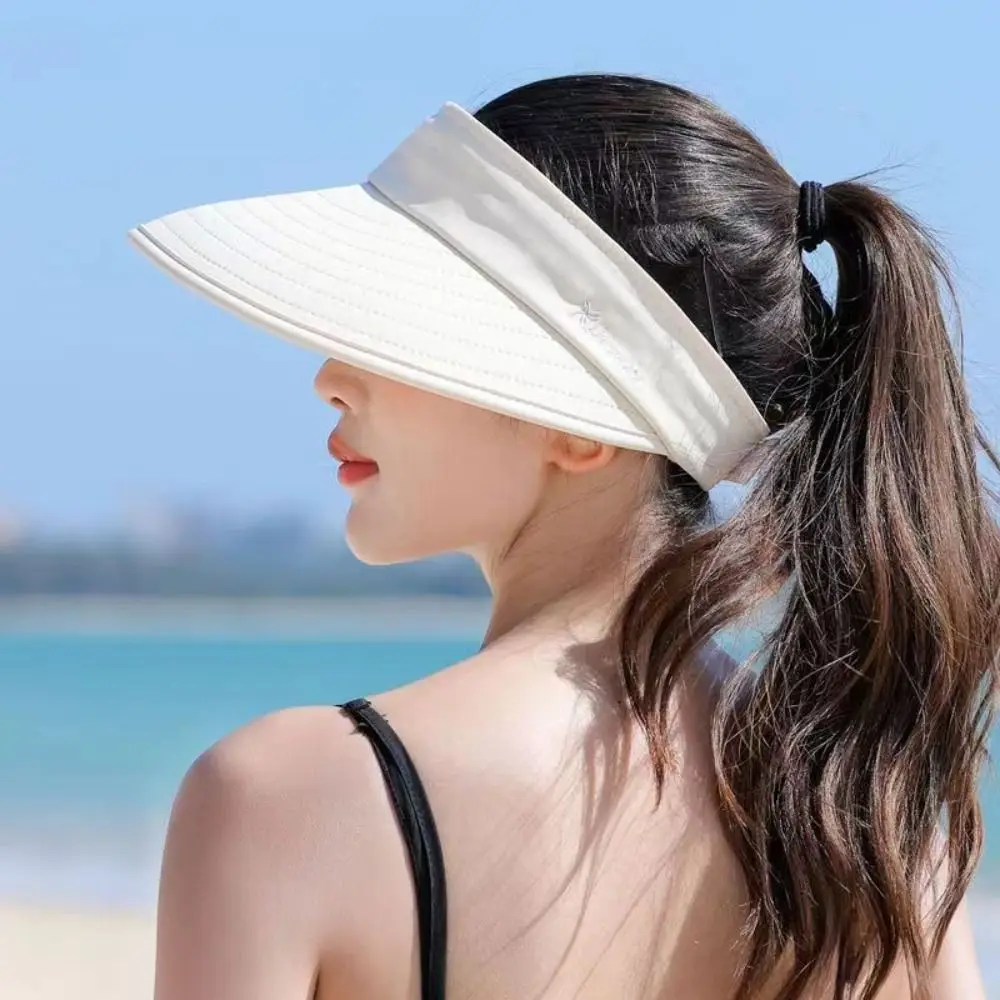 Casual Outdoor Wide Brim Women Summer Sun Hat Detachable UV Protection Empty Top Ponytail Cap Adjustable Foldable Beach Cap