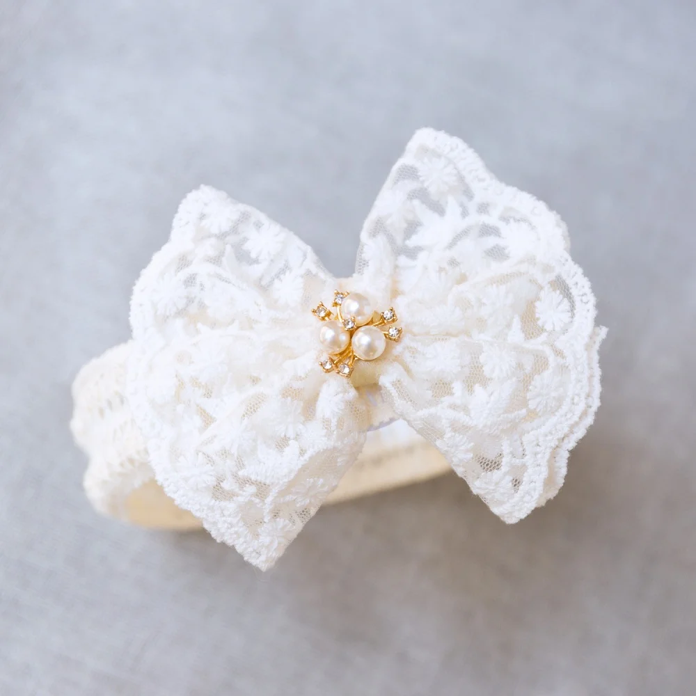 Cute Lace Embroidery Bow Headband For Princess Baby Girls Solid Bow Elasticity Hair Band Luxury Headwear Gifts