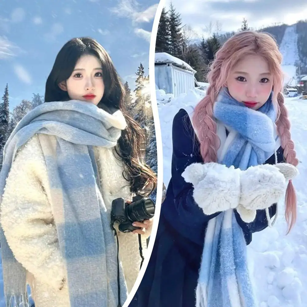 Stylish Simple Korean Inspired Blue White Check Pattern Plaid Scarf Soft Winter Warm Shawl Cold Weather Lady Tassel Shawl Wraps