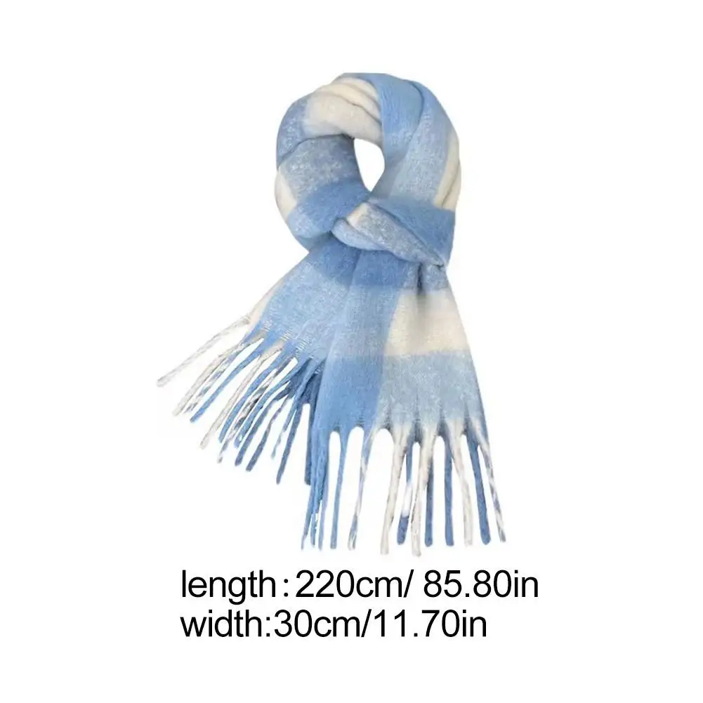 Stylish Simple Korean Inspired Blue White Check Pattern Plaid Scarf Soft Winter Warm Shawl Cold Weather Lady Tassel Shawl Wraps