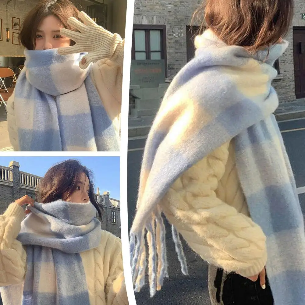 Stylish Simple Korean Inspired Blue White Check Pattern Plaid Scarf Soft Winter Warm Shawl Cold Weather Lady Tassel Shawl Wraps