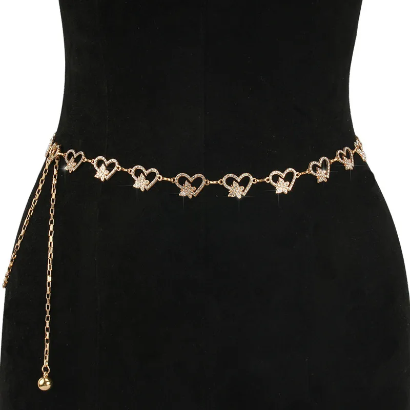 Love Butterfly Belt Rhinestone-Metal Gold Silver Carving Chunky Waist Chain Accessories for Women