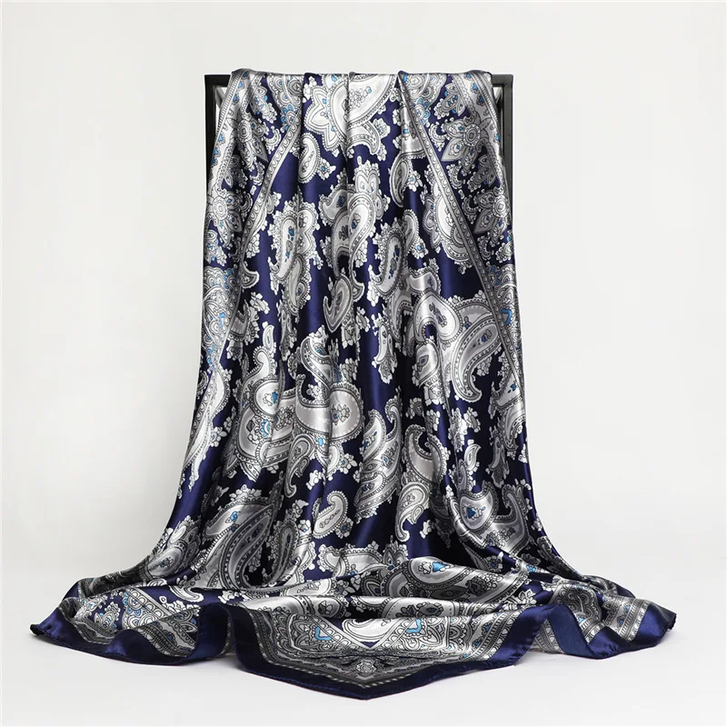 Classic Paisley Print Square Scarf Soft Satin Bandana Vintage Windproof Head Wrap Casual Shawl Imitation Silk Travel Beach Towel