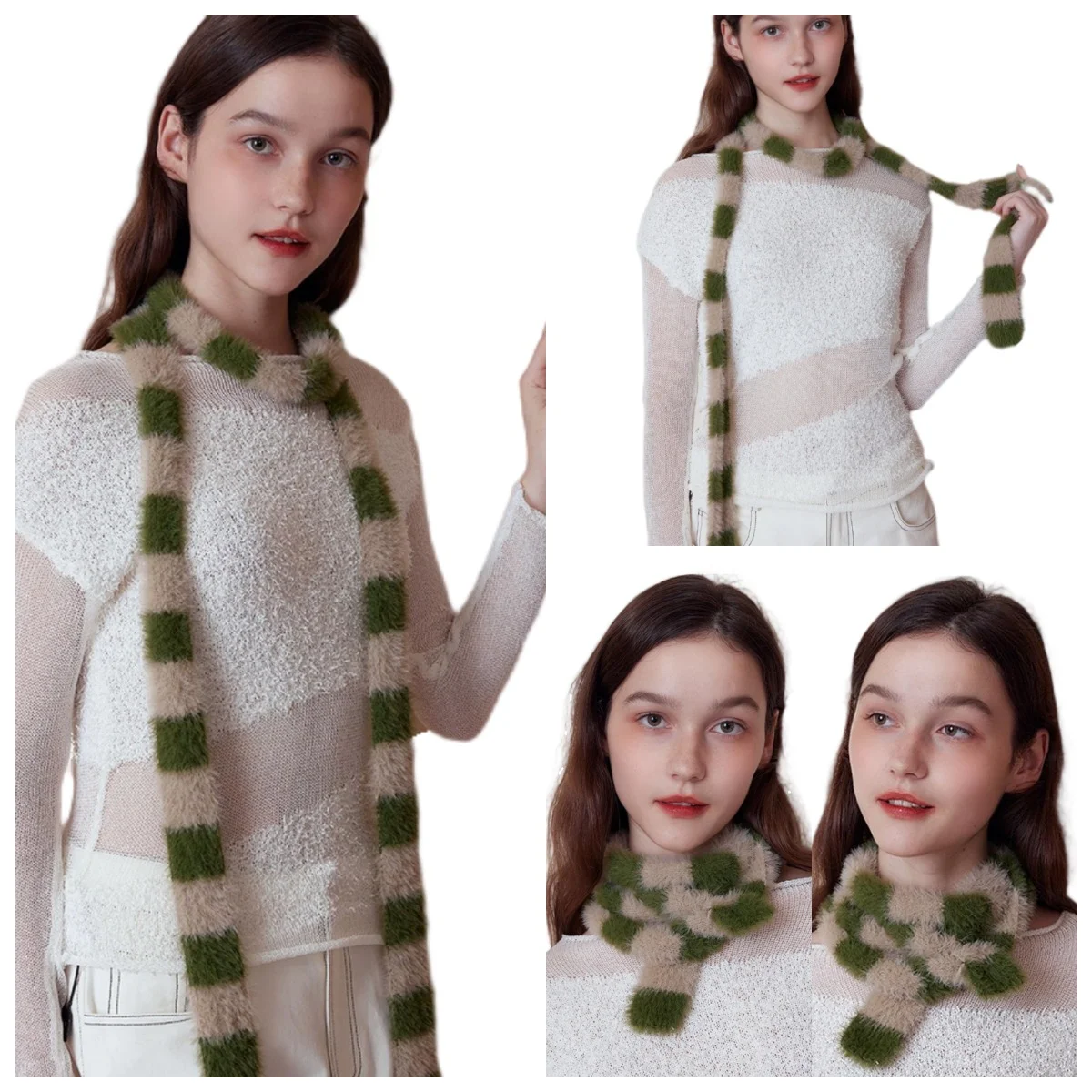 Striped Plush Scarf Women's Niche Design Sense Spice Girl Versatile Decoration Korean Version Thin and Narrow Long Scarf