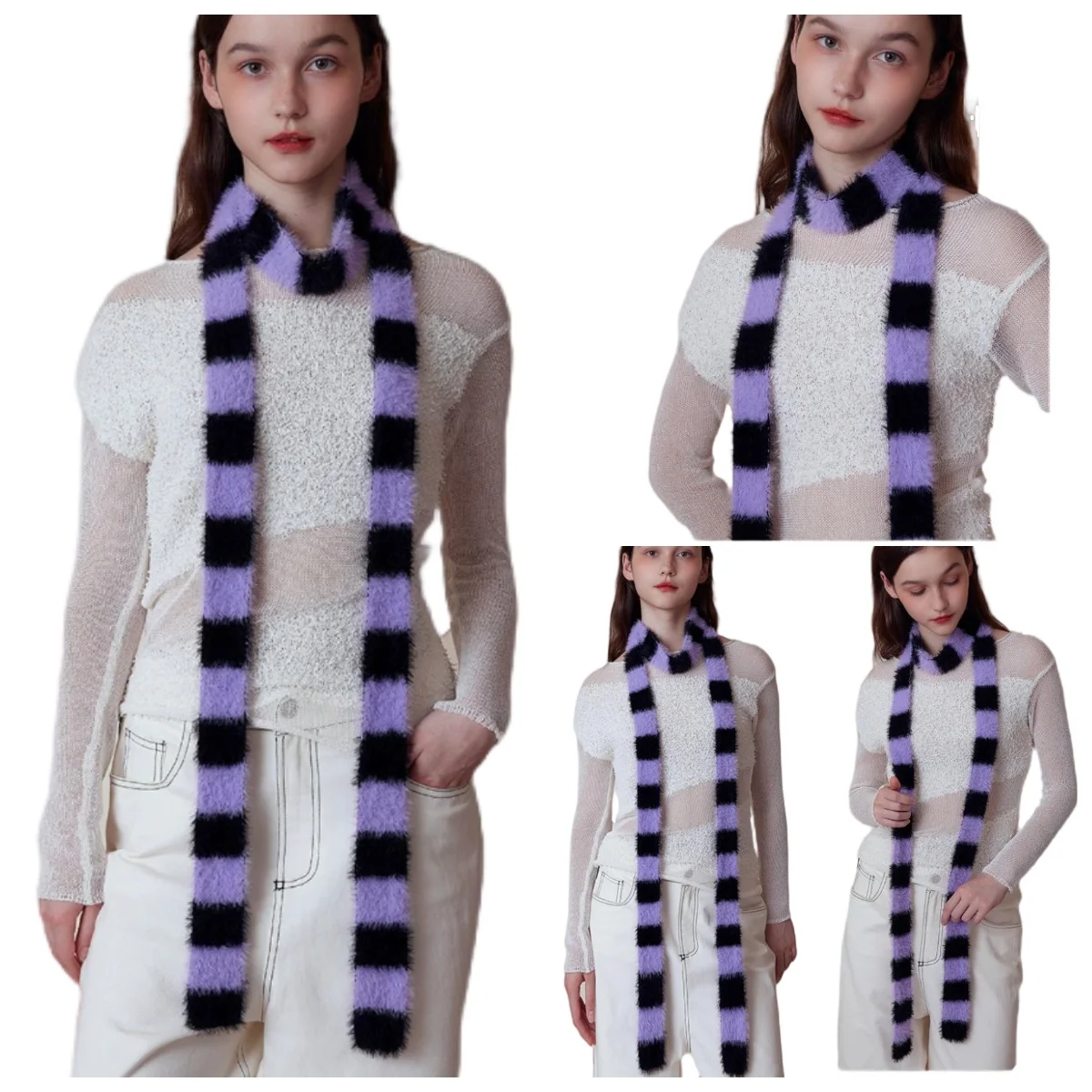 Striped Plush Scarf Women's Niche Design Sense Spice Girl Versatile Decoration Korean Version Thin and Narrow Long Scarf