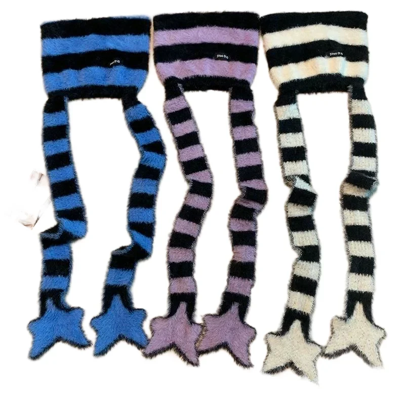 Striped Plush Scarf Women's Niche Design Sense Spice Girl Versatile Decoration Korean Version Thin and Narrow Long Scarf