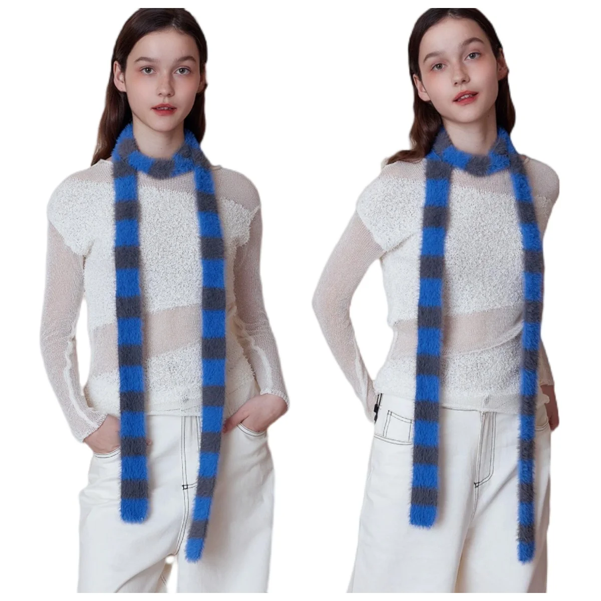 Striped Plush Scarf Women's Niche Design Sense Spice Girl Versatile Decoration Korean Version Thin and Narrow Long Scarf