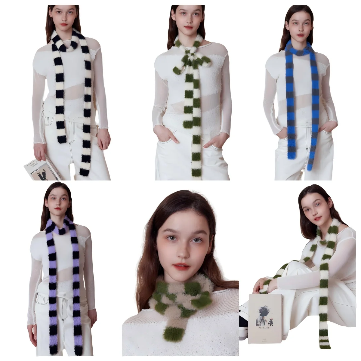 Striped Plush Scarf Women's Niche Design Sense Spice Girl Versatile Decoration Korean Version Thin and Narrow Long Scarf