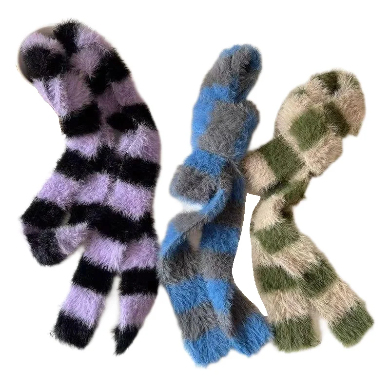 Striped Plush Scarf Women's Niche Design Sense Spice Girl Versatile Decoration Korean Version Thin and Narrow Long Scarf