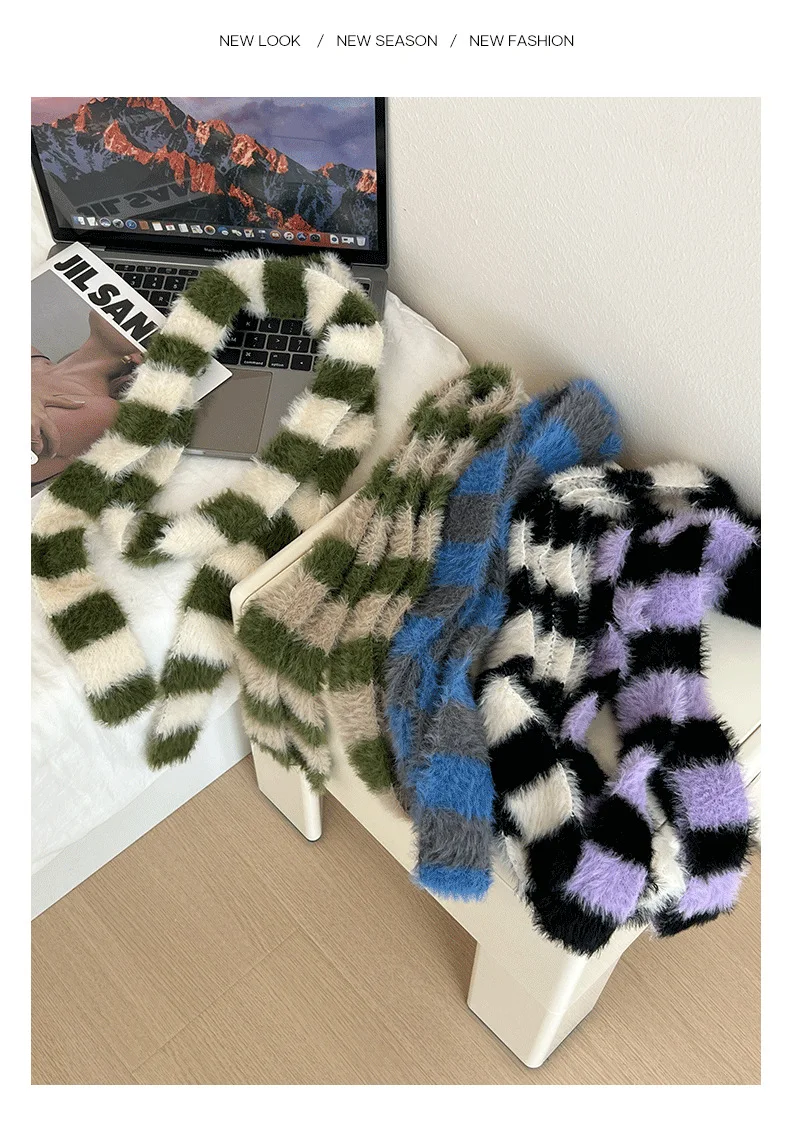 Striped Plush Scarf Women's Niche Design Sense Spice Girl Versatile Decoration Korean Version Thin and Narrow Long Scarf