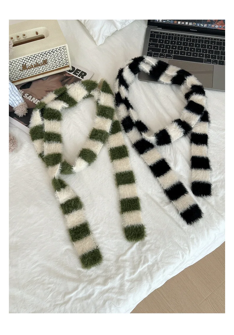 Striped Plush Scarf Women's Niche Design Sense Spice Girl Versatile Decoration Korean Version Thin and Narrow Long Scarf