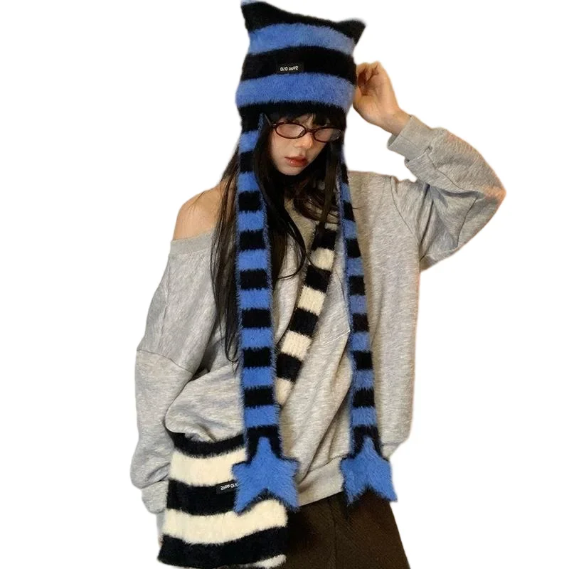 Striped Plush Scarf Women's Niche Design Sense Spice Girl Versatile Decoration Korean Version Thin and Narrow Long Scarf