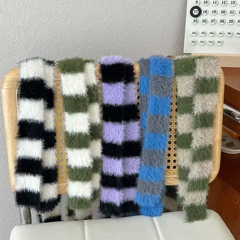 Striped Plush Scarf Women's Niche Design Sense Spice Girl Versatile Decoration Korean Version Thin and Narrow Long Scarf