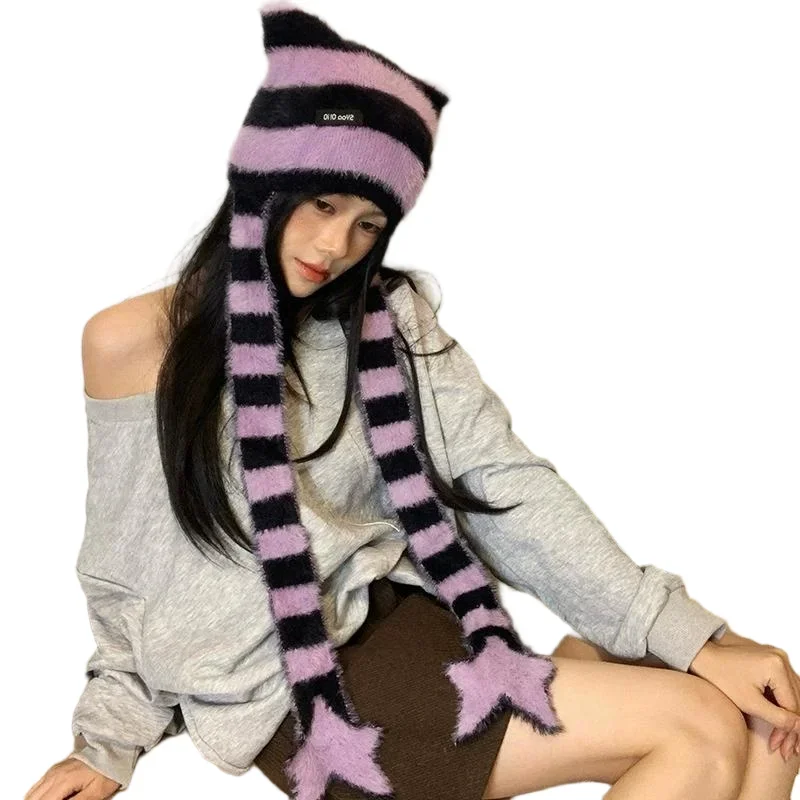 Striped Plush Scarf Women's Niche Design Sense Spice Girl Versatile Decoration Korean Version Thin and Narrow Long Scarf