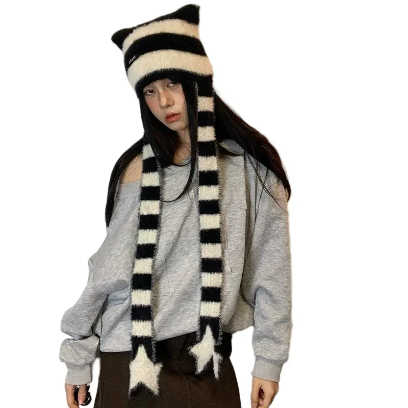 Striped Plush Scarf Women's Niche Design Sense Spice Girl Versatile Decoration Korean Version Thin and Narrow Long Scarf