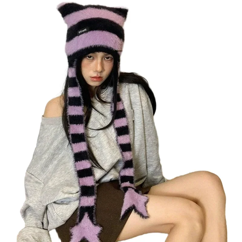 Striped Plush Scarf Women's Niche Design Sense Spice Girl Versatile Decoration Korean Version Thin and Narrow Long Scarf