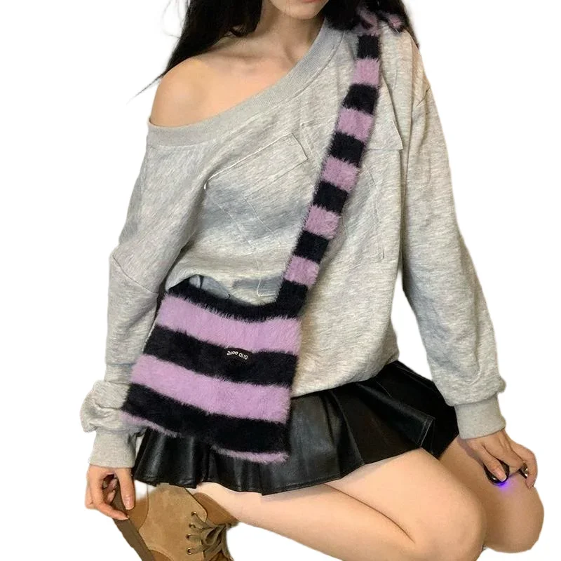 Striped Plush Scarf Women's Niche Design Sense Spice Girl Versatile Decoration Korean Version Thin and Narrow Long Scarf