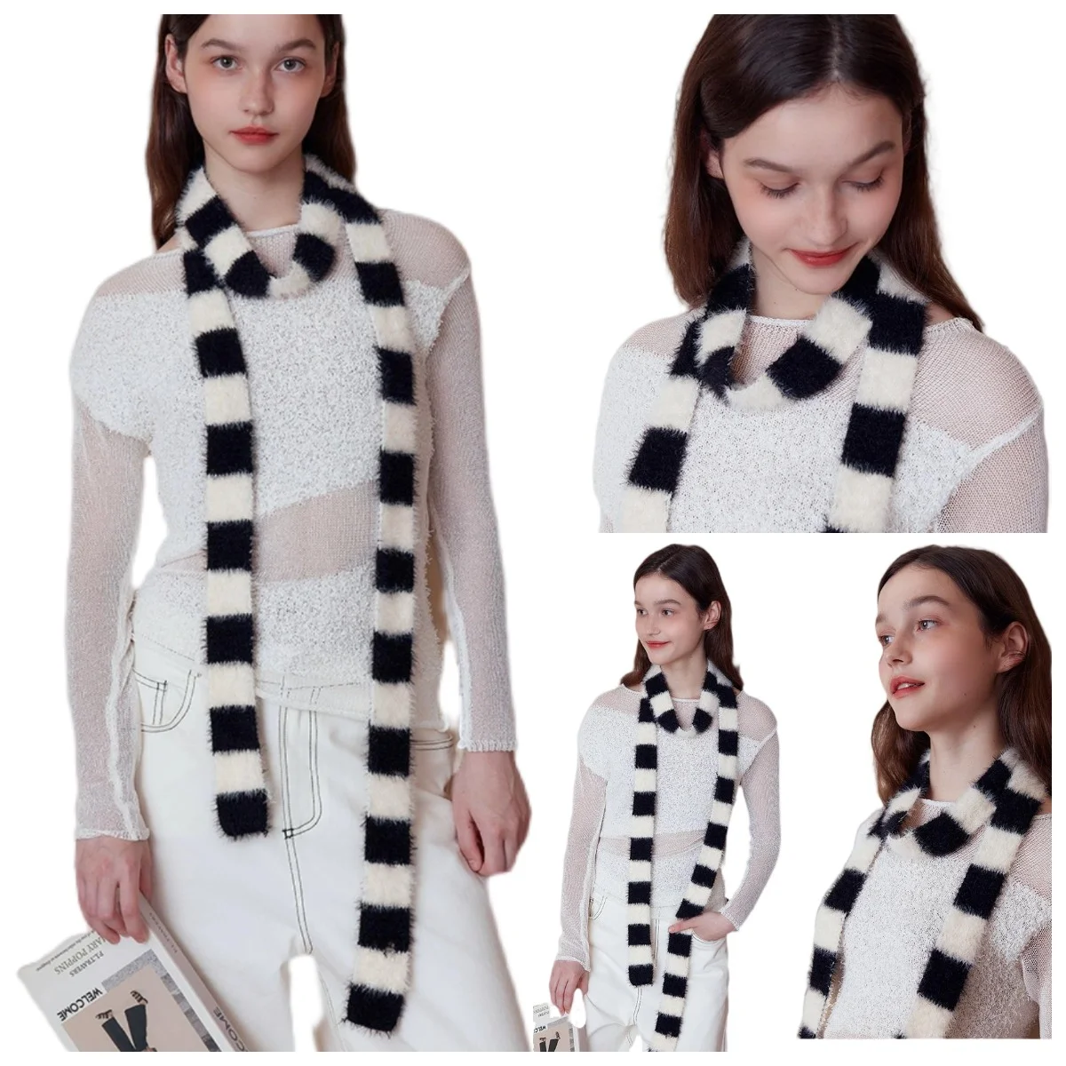 Striped Plush Scarf Women's Niche Design Sense Spice Girl Versatile Decoration Korean Version Thin and Narrow Long Scarf
