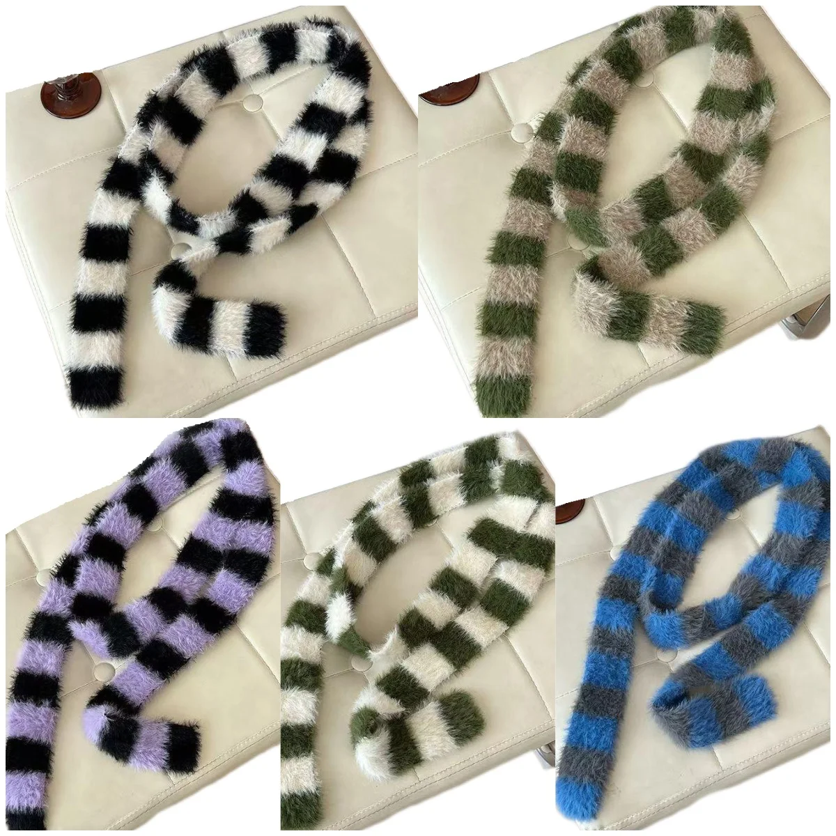 Striped Plush Scarf Women's Niche Design Sense Spice Girl Versatile Decoration Korean Version Thin and Narrow Long Scarf