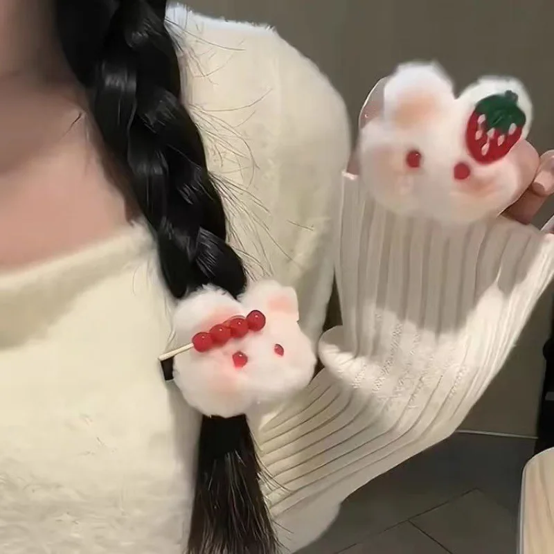 1pc Bingtanghulu strawberry bunny hairpin plush clip cute powder blusher rabbit hairpin autumn and winter hair accessories
