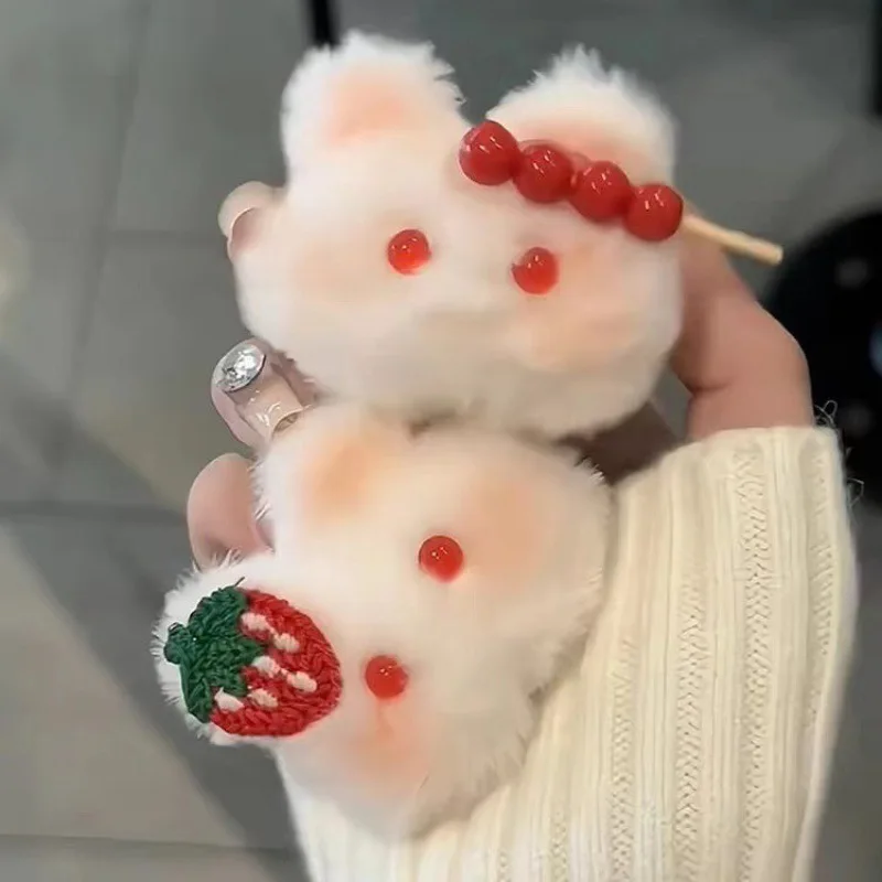 1pc Bingtanghulu strawberry bunny hairpin plush clip cute powder blusher rabbit hairpin autumn and winter hair accessories
