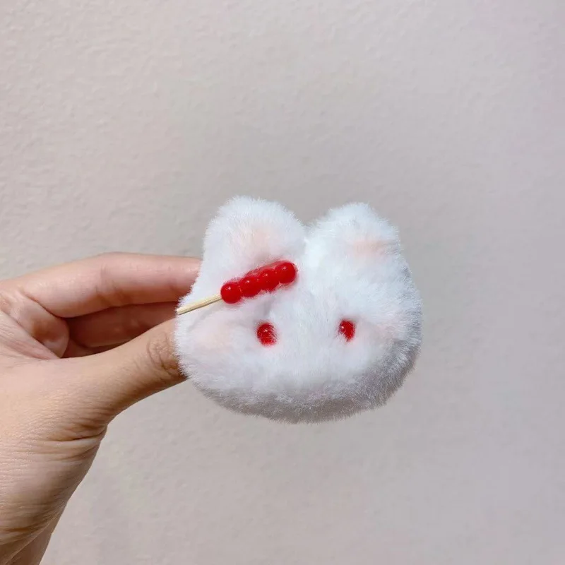 1pc Bingtanghulu strawberry bunny hairpin plush clip cute powder blusher rabbit hairpin autumn and winter hair accessories