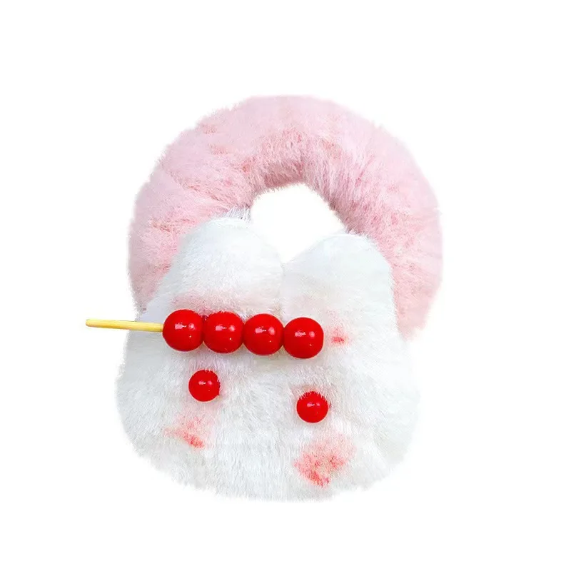 1pc Bingtanghulu strawberry bunny hairpin plush clip cute powder blusher rabbit hairpin autumn and winter hair accessories